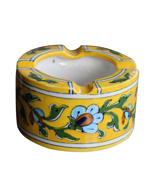 BLUE POTTERY HANDMADE YELLOW FLORAL ASH TRAY