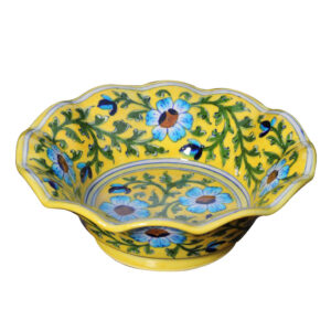 Blue Pottery Yellow Lotus Floral Bowl - 8 Inch