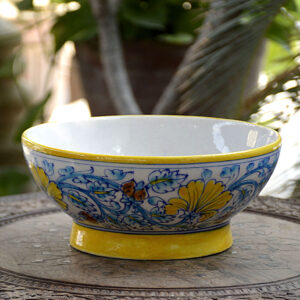 Blue Pottery White Yellow Flower Handmade Bowl - 8 Inch