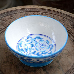 Blue Pottery White Turquoise Floral Handmade Bowl - 8 Inch