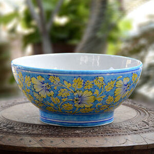 Blue Pottery Turquoise & Yellow Floral Handmade Bowl - 8 Inch