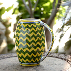 BLUE POTTERY YELLOW & GREEN ZIG ZAG BEER MUG - 6 Inch