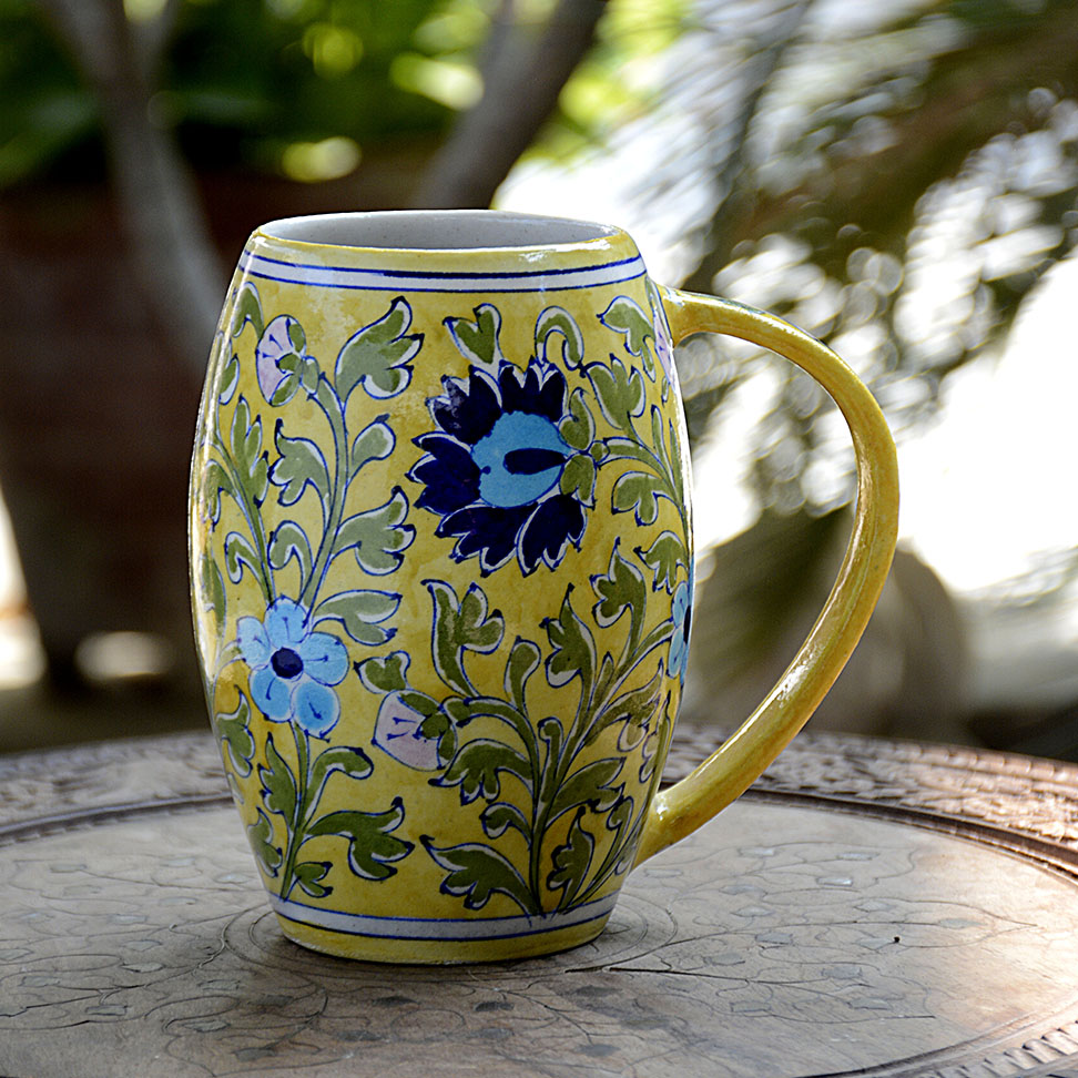 BLUE POTTERY YELLOW FLORAL BEER MUG 500 ML Blue Jaipur