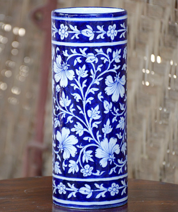 Blue Pottery BLUE Floral Cylinder Flower Vase - 8 Inch