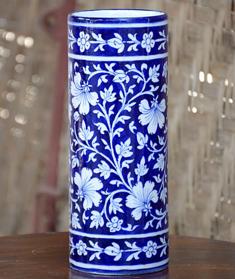 Blue Pottery Blue Floral Cylinder Flower Vase 8 Inch