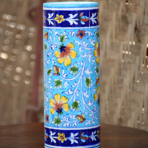 Blue Pottery Multi Colour Floral Cylinder Flower Vase - 8 Inch