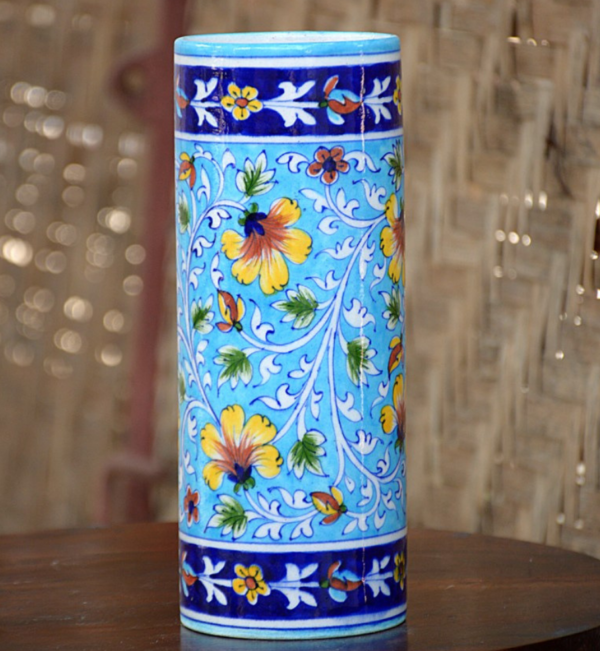Blue Pottery Multi Colour Floral Cylinder Flower Vase - 8 Inch