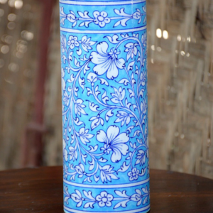 Blue Pottery TURQUOISE Floral Cylinder Flower Vase - 8 Inch