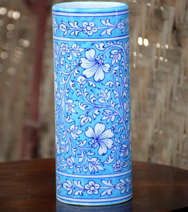 Blue Pottery TURQUOISE Floral Cylinder Flower Vase - 8 Inch