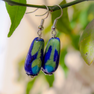 Blue Pottery Blue Oval Shape Drop Bead Earring