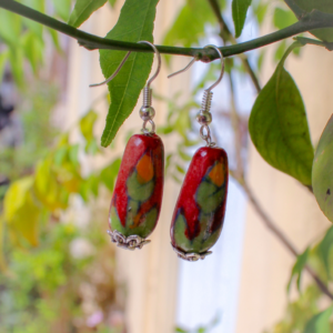 Blue Pottery Handmade Red Oval Shape Drop Bead Earring