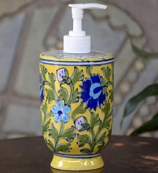 Blue Pottery Handmade Yellow Floral Liquid Dispenser