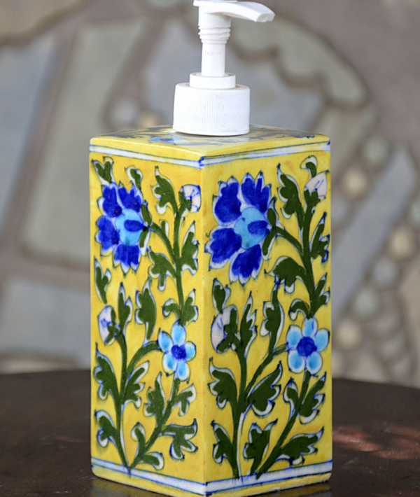 Blue Pottery Yellow Rectangle Floral Handmade Liquid Dispenser