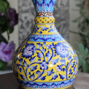 Blue Pottery Handmade Yellow Floral Pitcher Vase - 10 Inch