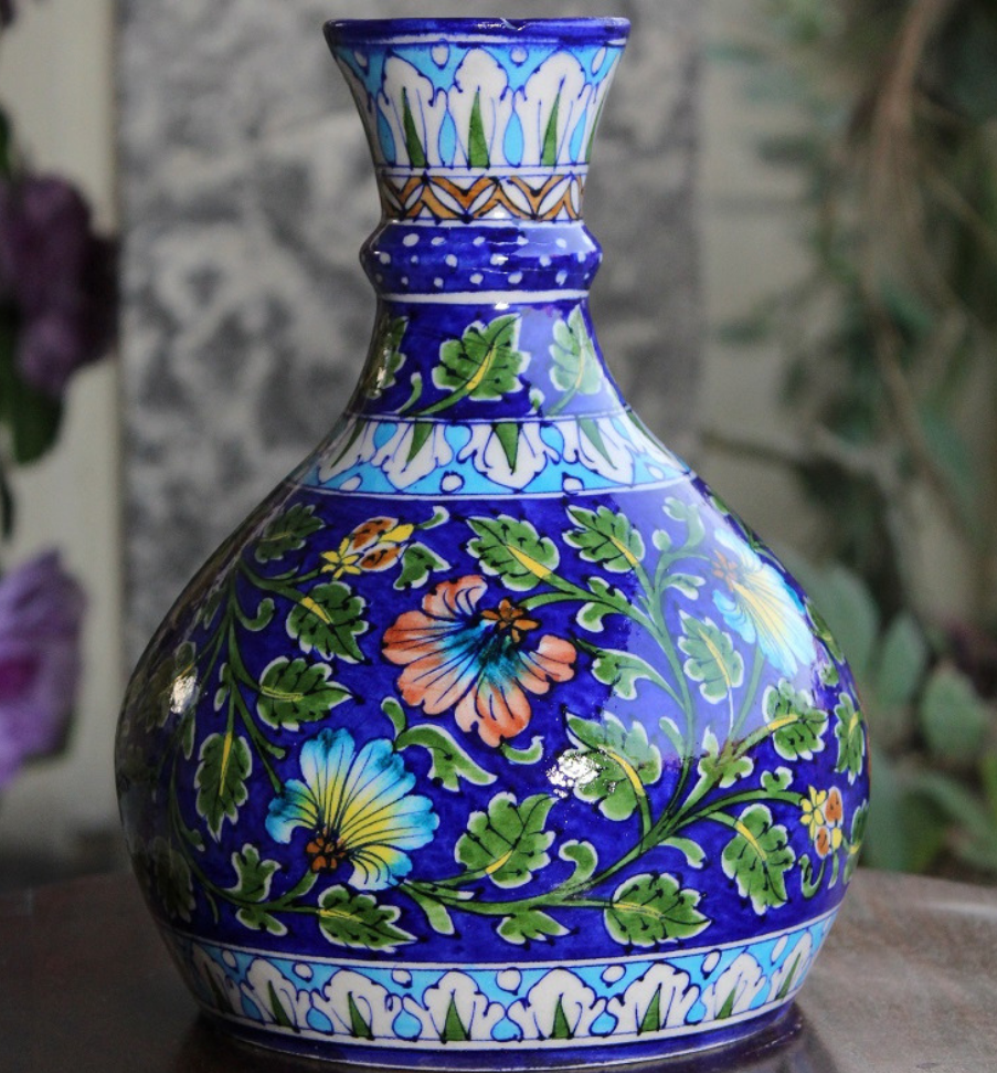 BLUE POTTERY BLUE FLORAL PITCHER VASE 10 Inch