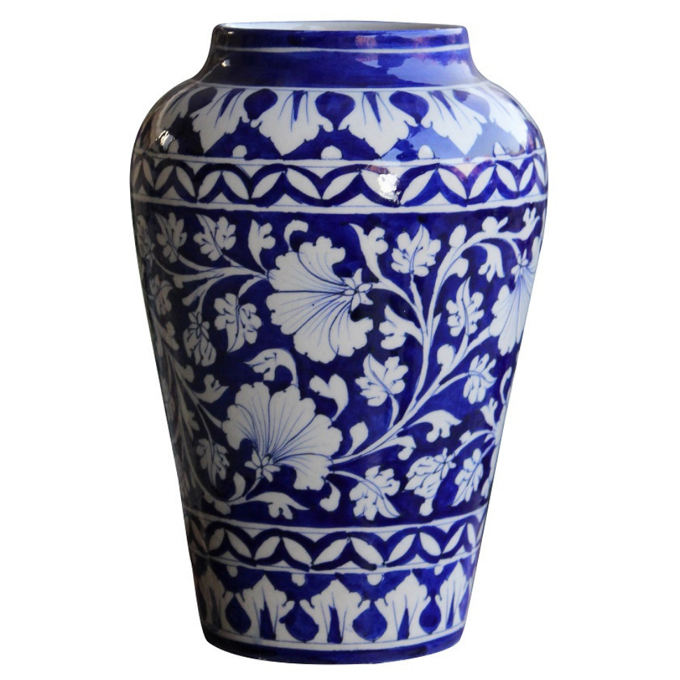 Blue Pottery Blue Floral Decorative Vase 10 Inch