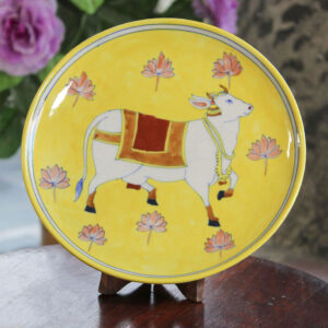 Yellow Cow Blue Pottery Handmade Wall Plate - 10 Inch