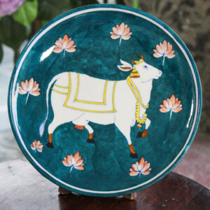 Blue Pottery Sea Blue Kamdhenu Cow Wall Plate - 10 Inch