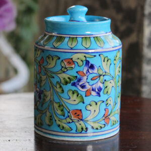 Blue Pottery Turquoise Floral Sugar / Cookie Jar - 5.5 Inch