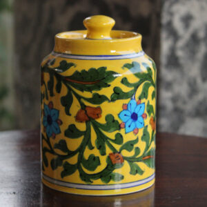 Blue Pottery Yellow Floral Sugar/ Cookie Jar - 5.5 Inch