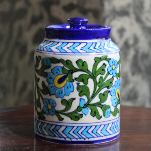 Blue Pottery White Green Leaf Sugar/Cookies Jar - 5.5 Inch