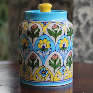 Blue Pottery Rose Floral Sugar Jar - 5.5 Inch