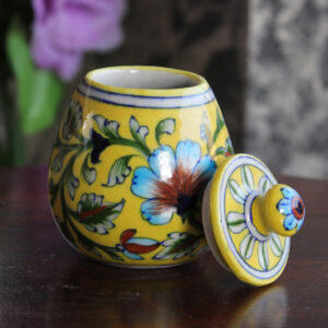 Blue Pottery Yellow Leaf Sugar / Dry Fruit Pot – 3 Inch