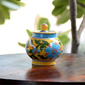 Blue Pottery Yellow Floral Sugar / Dry Fruit Pot – 3 Inch