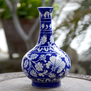 Blue Pottery Blue & White Floral Surahi Vase - 8 Inch