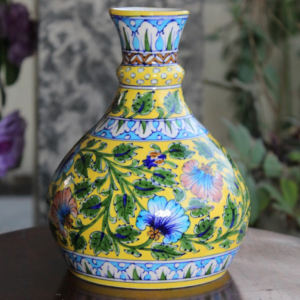 Blue Pottery Yellow Pitcher Flower Decorative Vase - 10 Inch