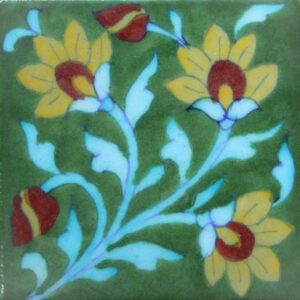 Blue Pottery Handmade Green & Yellow Floral Tile 4x4 Inch