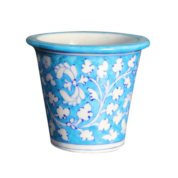 Blue Pottery Handmade Turquoise & White Floral Planter - Blue Jaipur