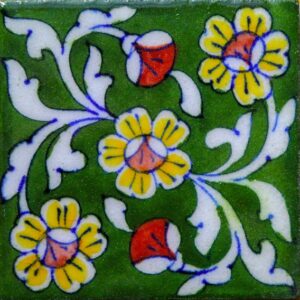 Blue Pottery Handmade Green & Yellow Floral Design Tile 3X3 Inch