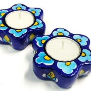 Blue Pottery Star Shape Blue Floral T-light Holder - Set Of 2