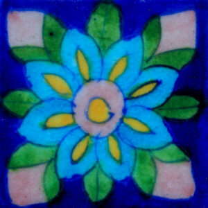 Blue Pottery Handmade Blue & Pink Floral Design Tile 2X2 Inch