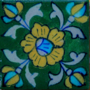 Blue Pottery Handmade Green Floral Design Tile 2X2 Inch