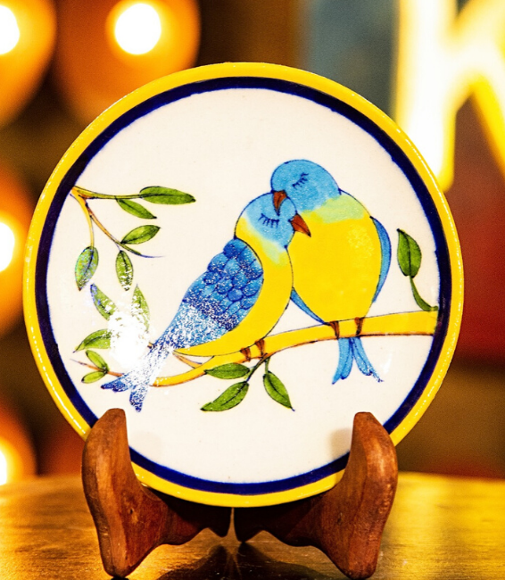 Handmade Hand Painted Ceramic Trinket Dish with Love Birds - Ring