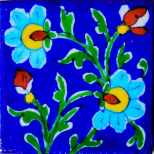 Blue Pottery Handmade Blue Floral Design Tile 3X3