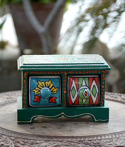 Blue Pottery Green Painted Wooden Jewellery Box- 2 Racks