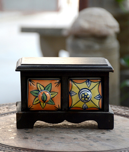 Blue Pottery Wooden Ceramic Jewellery Box- 2 Racks