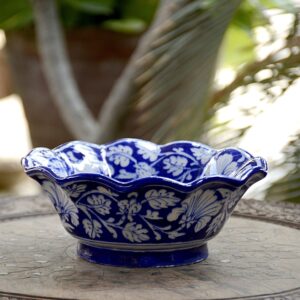 Blue Pottery Handcrafted Blue Floral Lotus Bowl - 6 Inch