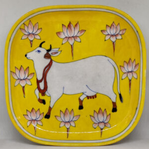 Blue Pottery Handcrafted Yellow Kamdhenu Cow Design Wall / Serving Plate 6 Inch