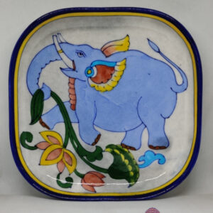 Blue Pottery Happy Elephant Handcrafted Floral Design wall Plate 6 Inch