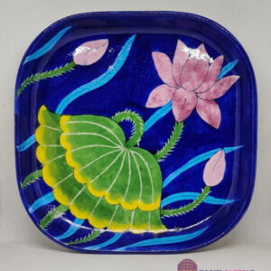 Blue Pottery Blue Lotus Handcrafted Floral Design Square wall Plate 6 Inch