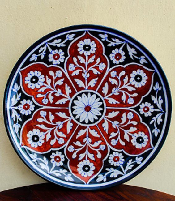 Blue Pottery Handmade Black & Red Floral Design wall Plate 8 Inch