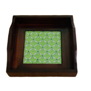 Handmade Wooden Tray With Blue Pottery Green Floral Tiles -10x10 Inch