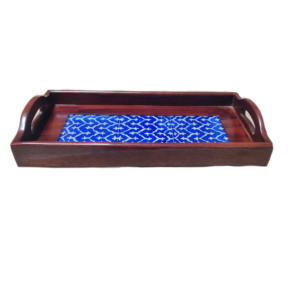 Handmade Wooden Tray With Blue Pottery Blue & White Tiles -15x7.5 Inch