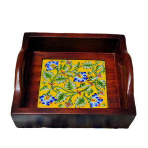 Handmade Wooden Tray With Blue Pottery Yellow Floral Tiles -10x10 Inch