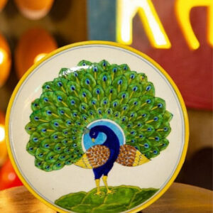 Blue Pottery Handmade Decorative Dancing Peacock Wall Hanging Art Piece- 10 Inch