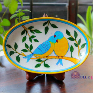 Blue Pottery Handcrafted Love Birds Design Rice Serving / Wall Plate 8x5 Inch